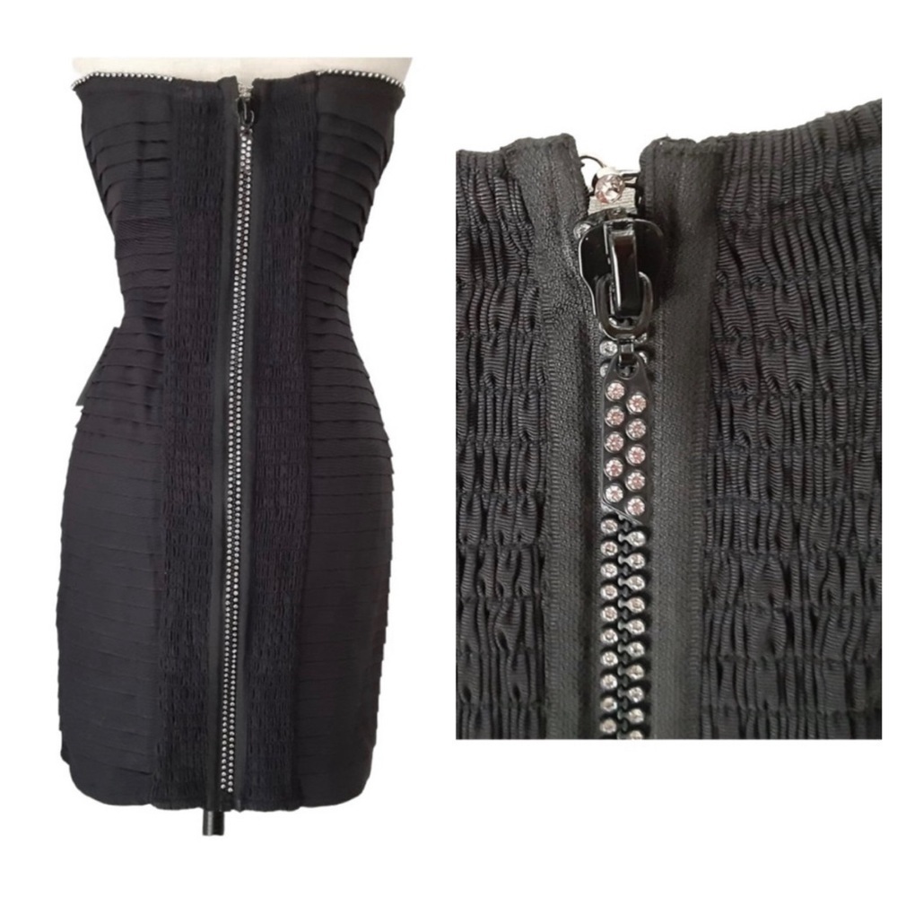 For Love & Lemons Celeste Moire Rhinestone Mini Dress 1X 14 Black Removable Bow - Picture 9 of 11